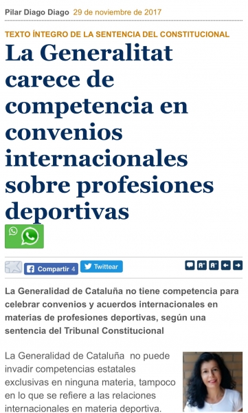  La Generalitat carece de competencia en convenios internacionales sobre profesiones deportivas