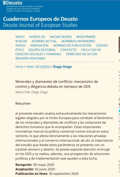 "Minerales y diamantes de conflicto: mecanismo de control y diligencia debida en tiempos de ODS" por Mª Pilar Diago Diago